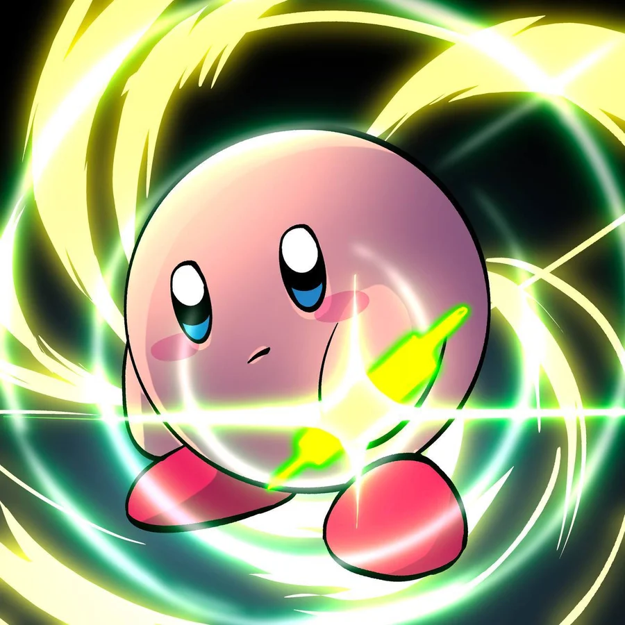 xirby surrounded by a swirl of green light
